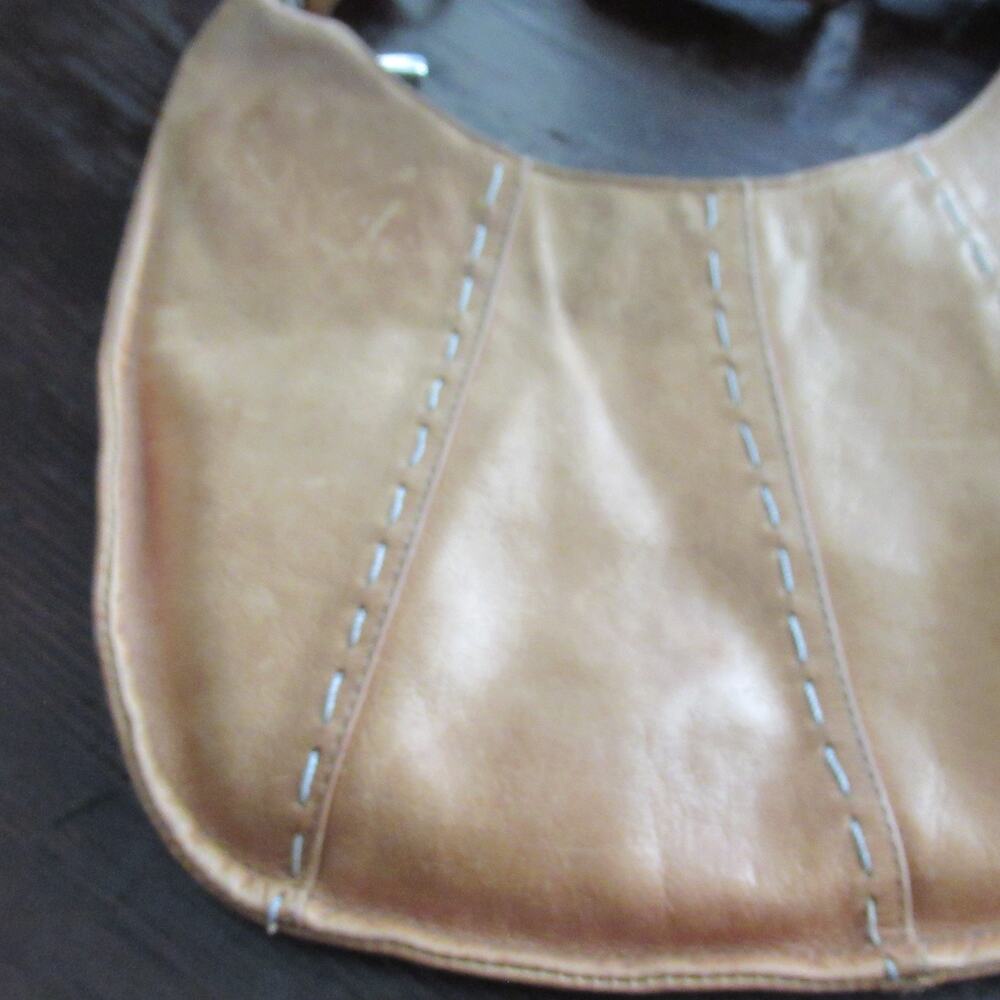 Vtg Classic Hobo Handbag Women M Tan Leather Topstich Lined Purse Shoulder Bag